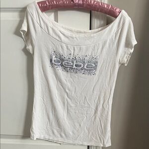 Bebe White Off the Shoulder Sequin Tee